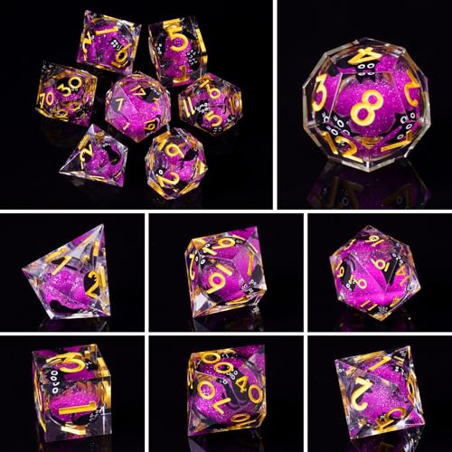 Liquid Core DND Dice Set, 7 Pcs Resin Sharp Edge Polyhedral Dice Quicksand Cat D&D Dice for Dungeons and Dragons RPG Role Playing Table Games