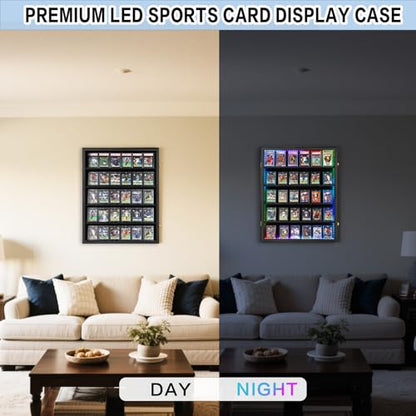 VERANI 35 LED Graded Sports Baseball Card Display Case Wall Mount Black | Large 35-slot inner space,Built-in soft LED light strips,Fully sealed dustproof structure,Wall mount vertical design - size: Large-Vertical-Black-with LED