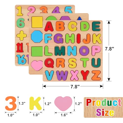 Attmu Wooden Puzzles for Toddlers, 3 Pcs Alphabet Puzzle ABC Shape Number Puzzle, Learning Toys for Kids, Preschool Educational Activities Toddler Gift Toys for Girls Boys Christmas Valentines Easter - size: 3 PCS