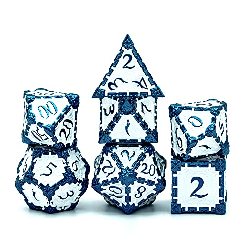 Cusdie 7pcs Metal DND Dice with Tin Box, Dagger Design Polyhedral Die Set, for Role Playing Game D&D Dice Pathfinder (Blue White) - color: Blue White