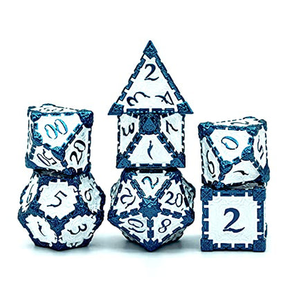 Cusdie 7pcs Metal DND Dice with Tin Box, Dagger Design Polyhedral Die Set, for Role Playing Game D&D Dice Pathfinder (Blue White) - color: Blue White