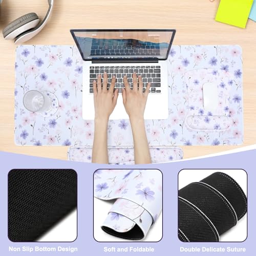 MEGREZ 4-in-1 Mouse Pad with Wrist Rest Ergonomic Memory Foam Desk Mat Set | ergonomic, anti-slip base, 4pcs set, desk pad, mouse wrist rest, keyboard rest, coaster, ideal for office & gaming - color: White Flower