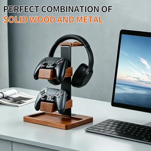 Headset Stand with Gaming Controller Holder, Wood Headphone Stand with Storage Base, Gaming Equipment Accessories for Desk