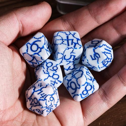 DND Dice Set, 7PCS Crackle Design Polyhedral Dice Set D&D for Role Playing Game and Other Tabletop Games（White） | Leather Storage Bag, DM Gift, for Dungeons and Dragons Role Playing Games - color: Crackle-blue