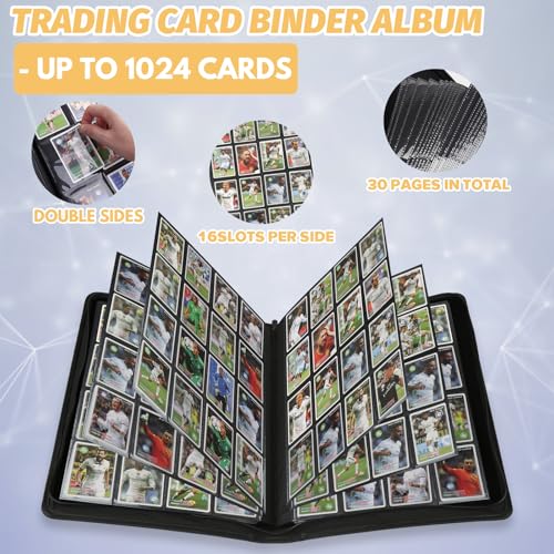 16 Pocket Ringless Side Loading Trading Card Binder, 1024 Cards PU Fixed Page Zipper Card Album for TCG Sports Game Cards, Not Fit Top Loaders (Dark Blue) - color: 16 Pocket 1024 Diamond Dark Blue