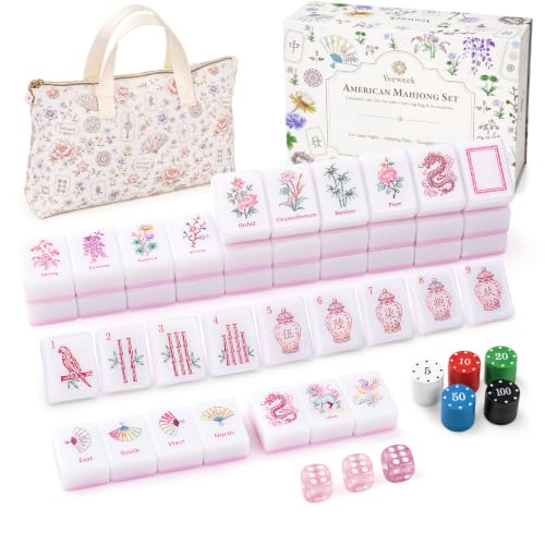 160-Piece Pink Chinoiserie American Mahjong Tile Set for Beginners | 1.2 × 0.9 × 0.5 in, Melamine Tiles with Dice, Engraved Easy-Read Tiles, Game Nights, Storage Bag & Accessories, No Racks
