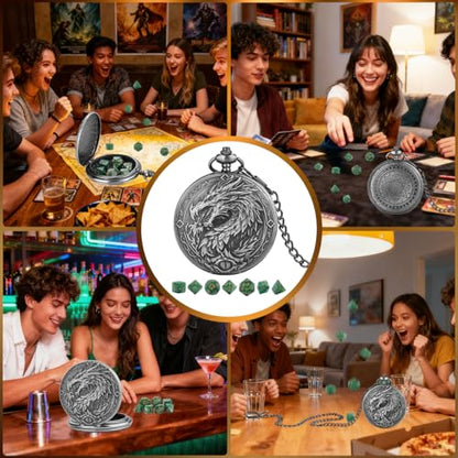 Mini DND Dice Set, 7-Piece Polyhedral Acrylic D&D Dice, with Steampunk Dragon Large Pocket Watch Case, DND Gift Bag with Dragon Logo, Role Play Board Game Accessories, Dark Silver + Green - color: Silver + Green