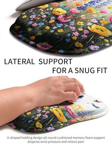 Hokafenle Ergonomic Wrist-Hugging Mouse Pad Wrist Support, U-Shaped Holding Wrist Rest Mousepad for Carpal Tunnel Pain Relief with Cushioned Memory Foam Slope Massage Bulge (10.2x8.3 in,Flowers) - color: Flowers and Butterflies