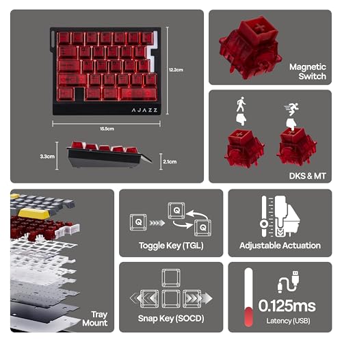 MechLands AJAZZ AK029 One Handed Gaming Keyboard, 8Khz Polling, 29 Keys Rapid Fast Wired Keyboard, SOCD & DKS, Magnetic Switch, Adjustable Actuation, RGB Backlits, Aluminum Plate (Red Transparent) - color: Red Transparent