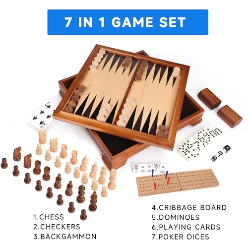GSE Games & Sports Expert Wooden 7-in-1 Chess, Checkers, Backgammon, Dominoes, Cribbage Board, Playing Card & Poker Dice Game Combo Set (Deluxe)