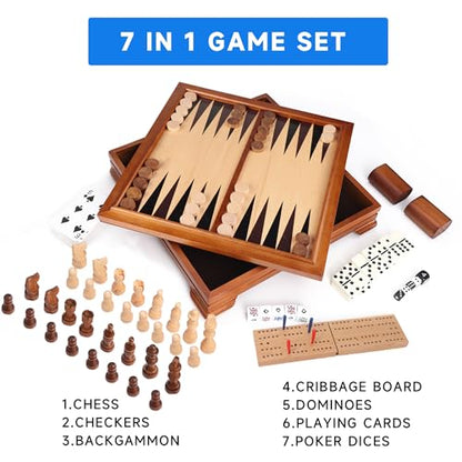 GSE Games & Sports Expert Wooden 7-in-1 Chess, Checkers, Backgammon, Dominoes, Cribbage Board, Playing Card & Poker Dice Game Combo Set (Deluxe)