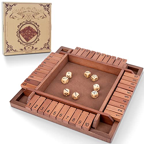Shut The Box Game Wooden 4 Player, Classic Board Game for Kids & Adults, Educational Math Learning Toy, Table Dice Game for The Party Family or Bar - 12 Inch with 8 Dice - style: 4 Players