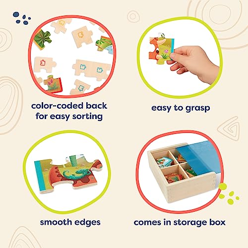 B. toys Pack o' Puzzles Wooden Dinosaur, 4 Pack, Wood Toys, 51-Piece Set | 4 wooden dinosaur puzzles with 12 pieces each, color-coded backs, sturdy wooden box for storage, Wood Toys, 3+ Years - style: Dino