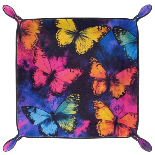 Dice Trays Tie Dye Butterflies Holder Storage Box for Dice Games Like RPG DND, Leather Dice Holder Portable Folding Rolling Dice Tray, 16x16cm - color: Multi 4