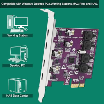 4X 5Gbps USB-C Ports PCI Express USB 3.0 Expansion Card for Windows 11, 10, 8.x, 7, Vista, XP Desktop PCs, Built in Self-Powered Technology, No Need Additional Power Supply (FS-U304C-Pro) - style: FS-U304C-Pro