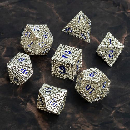 Metal Hollow DND Dice Set with A Gift Box, Silver Metallic Luster Maze Design, Ideal DND Dice Set for D&D DM and Players, Perfect for Dungeons and Dragons, MTG, COC Game Meetings (Cleric) - color: Hollow-silver