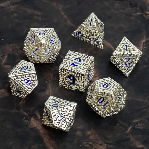 Metal Hollow DND Dice Set with A Gift Box, Silver Metallic Luster Maze Design, Ideal DND Dice Set for D&D DM and Players, Perfect for Dungeons and Dragons, MTG, COC Game Meetings (Cleric) - color: Hollow-silver