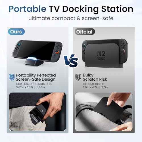 PORTHOLIC Docking Station for Nintendo Switch 2, Portable TV Dock with 4K@60Hz HDMI Output, 60W PD Charging, USB 3.0 & USB 2.0 Ports, One-Touch Mode Switch, 3-Angle Travel Charging Stand