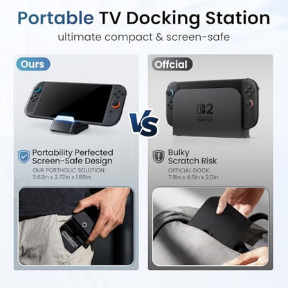 PORTHOLIC Docking Station for Nintendo Switch 2, Portable TV Dock with 4K@60Hz HDMI Output, 60W PD Charging, USB 3.0 & USB 2.0 Ports, One-Touch Mode Switch, 3-Angle Travel Charging Stand