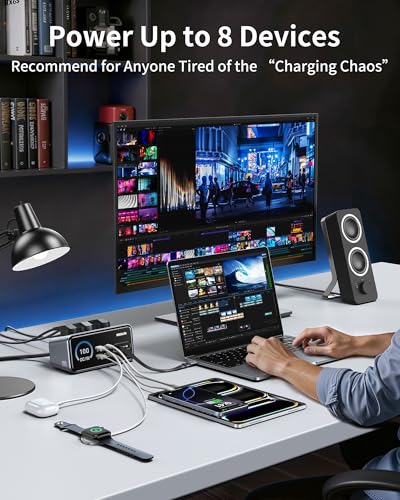 MOKiN 100W Max Charging Station with Retractable Cord, 8-in-1 Power Strip | 3 AC, 3 USB C, 3 USB A Charging Station for Multiple Devices, Desk Accessories GaN Charger for iPhone, iPad, MacBook, Galaxy