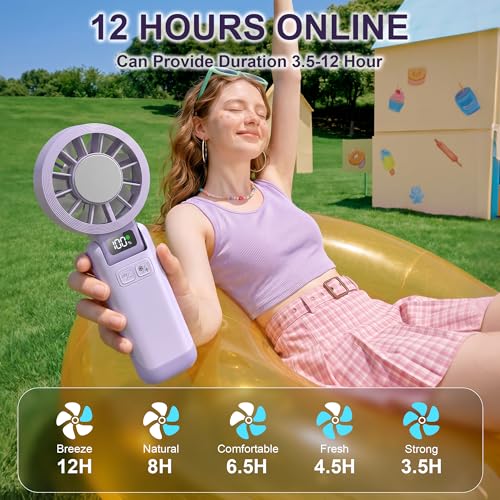 Portable Handheld Fan with Ice Cooling, 5.5m/s Rechargeable Fan, Independent Switch, 5-Speed, LED Display, 12H Battery, Foldable Neck Personal for Travel Essentials, Concerts, Sports - Purple - color: Purple