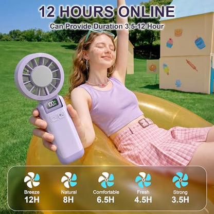 Portable Handheld Fan with Ice Cooling, 5.5m/s Rechargeable Fan, Independent Switch, 5-Speed, LED Display, 12H Battery, Foldable Neck Personal for Travel Essentials, Concerts, Sports - Purple - color: Purple