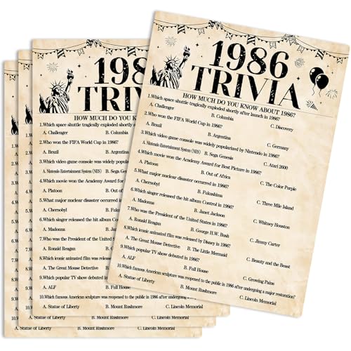 30Pcs 40th Birthday Party Games 1986 Trivia Game Fun Back in 1986 Games Double-Sided Game Cards Vintage 40th Birthday Party Supplies for 40 Year Old Woman Man Anniversary Class Reunion Gifts - size: 40-1986, style: Trivia