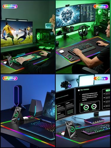 Mouse Pad with Wireless Charger Foldable Phone Holder, XXL RGB Gaming Mousepad 31.5"x15.8" Large Desk Mat for Keyboard, Black Desk Pad with Dual Qi Charging Station, 11 Colors 5 Modes - color: Black-Phone Holder-31.5"x15.8"