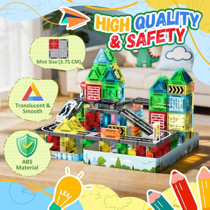 Magnetic Tiles - Road Set, City Race Track Travel Building Blocks with 2 Cars & Metal Box, Mini Magnet Tiles Outdoor Construction Toys for Boys, STEM Sensory Gifts for Toddlers 3-5 4-8 Years Old