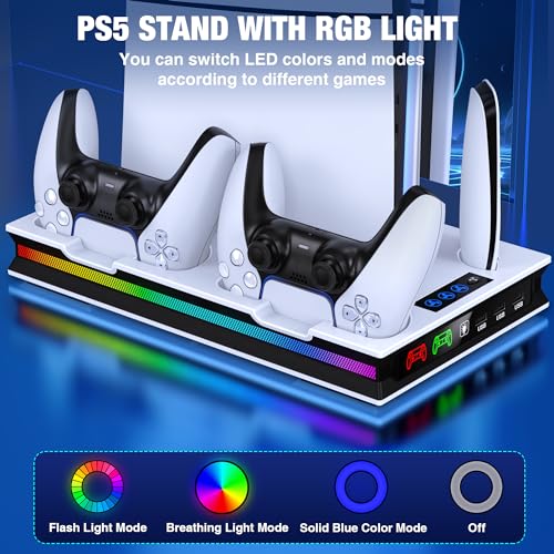 PS5/Pro/Slim Stand and Cooling Station with Controller Charging Station for Playsation 5 Disc Digital Console, PS5 Accessories Incl. 3 Level Cooling Fan, LED, 3 USB Hub, Media Slot, Headset Holder