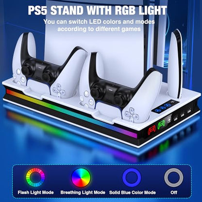 PS5/Pro/Slim Stand and Cooling Station with Controller Charging Station for Playsation 5 Disc Digital Console, PS5 Accessories Incl. 3 Level Cooling Fan, LED, 3 USB Hub, Media Slot, Headset Holder