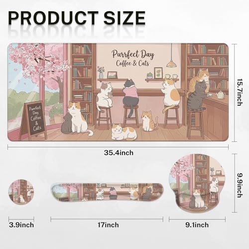 Arttown Keyboard Mouse Pad Set, 4 in 1 Desk Mat Set Cat Flower Pink | Cute Coffee Large Mousepad+Keyboard Wrist Rest+Mouse Wrist Rest+Coaster Ergonomic Design for Home Office Computer - color: Cat Flower