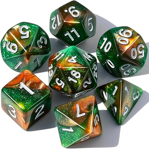 CiaraQ 7pcs Polyhedral Dice Set for Dungeon and Dragons MTG Table Games | Acrylic Role Playing Dice for D&D with Black Velvet Bag – Green & Orange-Brown Swirl with Glitter – Standard Size – Ages 14+ - color: Green and Orange-brown With Glitter