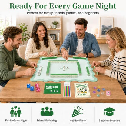 Complete Mahjong Mat Set, 32.4"x32.4" Green Scalloped Edge Table Cover, Non-Slip & Noise Reduction Gaming Mat with Carrying Bag, Rules, Chips, Wind Marker for Poker & Board Games - color: Green-set