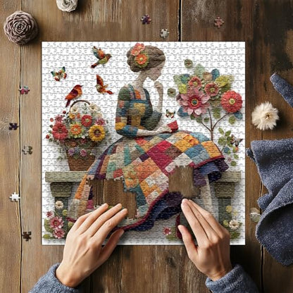 Floral Muse Jigsaw Puzzle 1000 Pieces for Adults, Patchwork Quilting Art Puzzle with Flowers Birds,Woman Flower Garden Themed, Handmade Style Sewing Puzzle Challenge - style: Patchwork Muse Puzzle