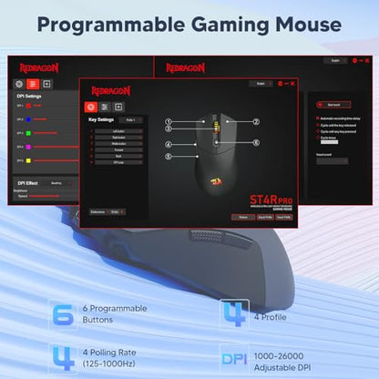 Redragon Wireless Gaming Mouse, Ultra-Light 26K DPI Gaming Mouse Tri-Mode Bluetooth Mouse Ergonomic Natural Grip Build, Full Programmable Buttons, Software Supports DIY Keybinds