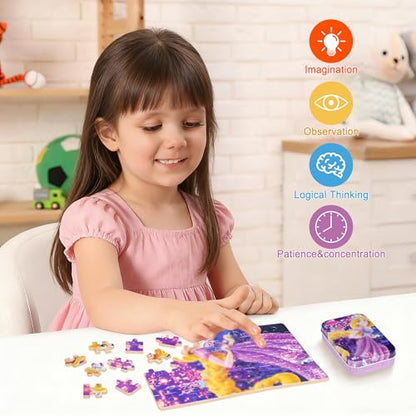 Puzzles for Kids Ages 4-8,Kids Puzzls in a Metal Box,60 Pieces Long Hairs Princess Small Puzles,Kid Boys Girls Learning Educational Puzzle Packed in Tin Box - color: Long Hairs60