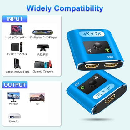 HDMI Switch Splitter 4K@60Hz, Aluminum Bi-Directional HDMI 2.0 Switcher, HDMI Splitter 1 in 2 Out/ 2 in 1 Out, Support 4K 3D HDR for Xbox, PS5/4/3, Fire Stick, Roku, HDTV, Projector, Computer (Blue) - color: Blue