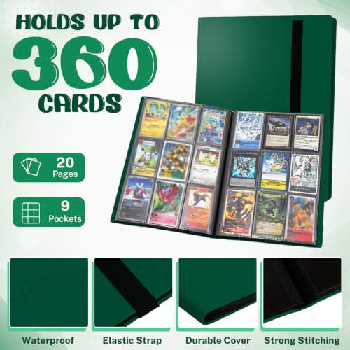 Trading Card Binder, 9 Pocket 20 Pages 360 Cards, Suitable for MTG, TCG(Green) - color: Green