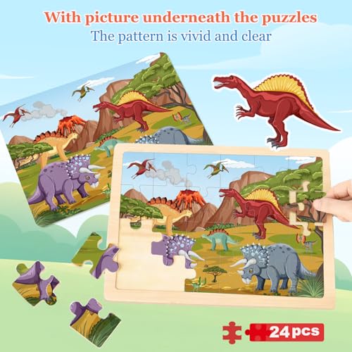 Puzzles for Kids Ages 4-6, 4 Packs 24 Piece Wooden Jigsaw Puzzle for Toddlers 3-5, Preschool Educational Toys Gifts for Boys and Girls - color: Dinosaurs Space