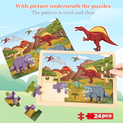 Puzzles for Kids Ages 4-6, 4 Packs 24 Piece Wooden Jigsaw Puzzle for Toddlers 3-5, Preschool Educational Toys Gifts for Boys and Girls - color: Dinosaurs Space