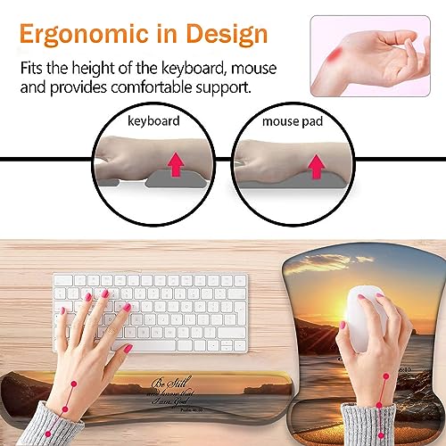 Keyboard Wrist Support + Wrist Mousepad + Coaster Combination, Non-Slip PU Base, with Gel Memory Mousepad, Suitable for Gaming, Office Pain Relief Mousepad Set - Sunset Beach - color: Sunset Beach