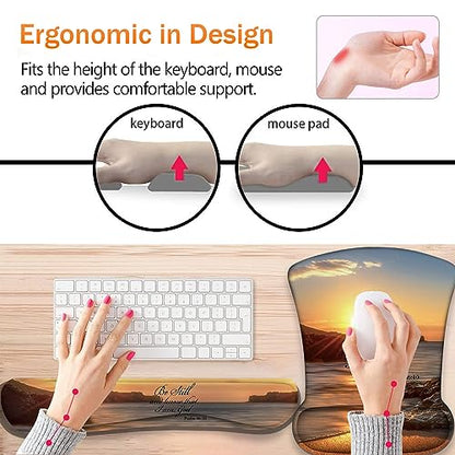 Keyboard Wrist Support + Wrist Mousepad + Coaster Combination, Non-Slip PU Base, with Gel Memory Mousepad, Suitable for Gaming, Office Pain Relief Mousepad Set - Sunset Beach - color: Sunset Beach