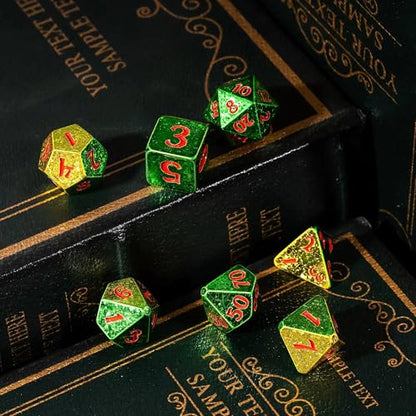 7PCS DND Dice Set Sparkling D&D Polyhedral Dice for Tabletop Games | Leather Storage Bag, DM Gift, for Dungeons and Dragons Role Playing Games - color: Electroplated-green&yellow