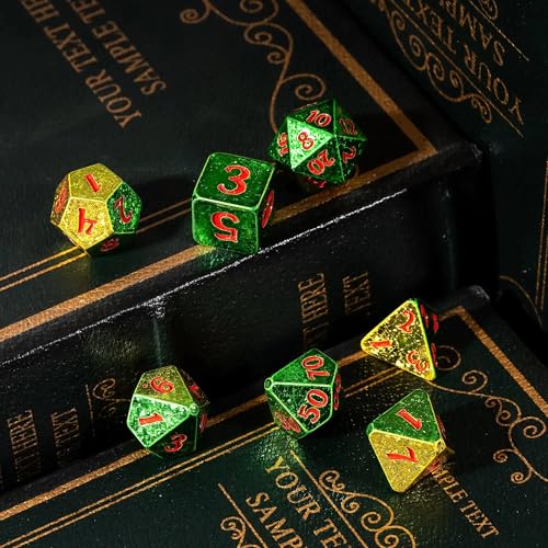 7PCS DND Dice Set Sparkling D&D Polyhedral Dice for Tabletop Games | Leather Storage Bag, DM Gift, for Dungeons and Dragons Role Playing Games - color: Electroplated-green&yellow