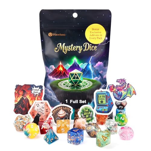 Haxtec Mystery DND Dice Set 7pcs Polyhedral Dice + 3 Funny Waterproof Stickers, Mystery Dice for Dungeons & Dragons, Chance Win Rare Sharp Edge, Great DND Gift, No Duplicates in 2/5 Packs - style: Classic