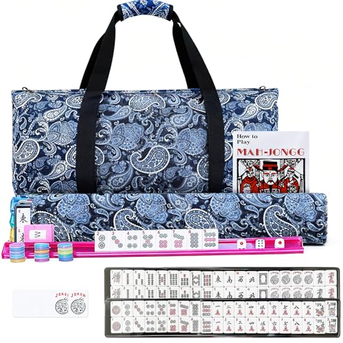 Ploomi American Mahjong Tiles Set, 166 White Tiles, 4 Color Racks & Pushers, Complete Western Mahjong Set with Blue Carrying Bag for Beginners & Experts - color: Black