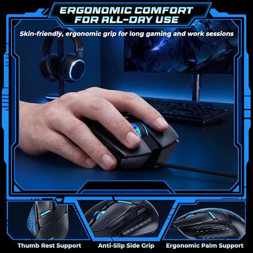 Uineer Wired Gaming Mouse, 7200 DPI, 6 Programmable Buttons, RGB Lighting | 6 programmable buttons, adjustable 7200 DPI, RGB lighting and quiet clicks for work or gaming.