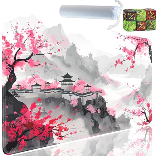 Playmat for MTG, 24x14 Inches Playmats, for TCG and CCG Trading Card Game Mat, Non-Slip Rubber for MTG Playmats with A Storage Bag and 6 Dice Set, Japanese Peach Blossom White - color: Yu-Playmat-1-A20