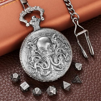 Mini DND Dice Set with Steampunk Double Eyed Octopus Pocket Watch Case, Tiny 7PCS Polyhedral Metal D&D Dice, DND Gifts with Gift Box, Role Playing Game Board Game Accessories Dice, Dark Silver - color: Dark Silver